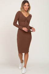 Brown Ribbed Front Drawstring Midi Dress