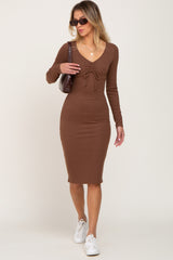 Brown Ribbed Front Drawstring Midi Dress