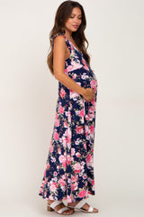 Navy Floral Flutter Sleeve Maternity Maxi Dress