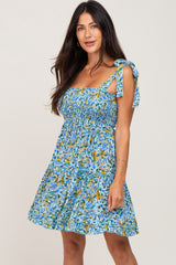 Blue Floral Shoulder Tie Dress