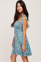 Blue Floral Shoulder Tie Dress