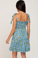 Blue Floral Shoulder Tie Dress