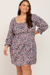 Navy Blue Floral Bubble Sleeve Maternity Plus Dress