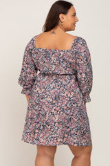 Navy Blue Floral Bubble Sleeve Plus Dress