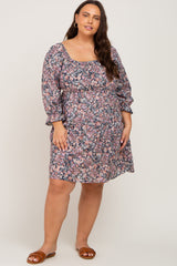 Navy Blue Floral Bubble Sleeve Plus Dress