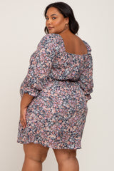 Navy Blue Floral Bubble Sleeve Maternity Plus Dress