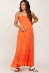 Orange Smocked Caged Back Maternity Dress