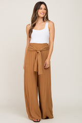 Camel High Waist Tie Front Wide Maternity Pants