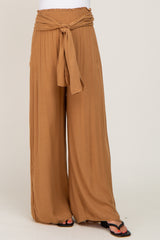 Camel High Waist Tie Front Wide Maternity Pants