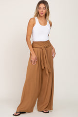 Camel High Waist Tie Front Wide Maternity Pants