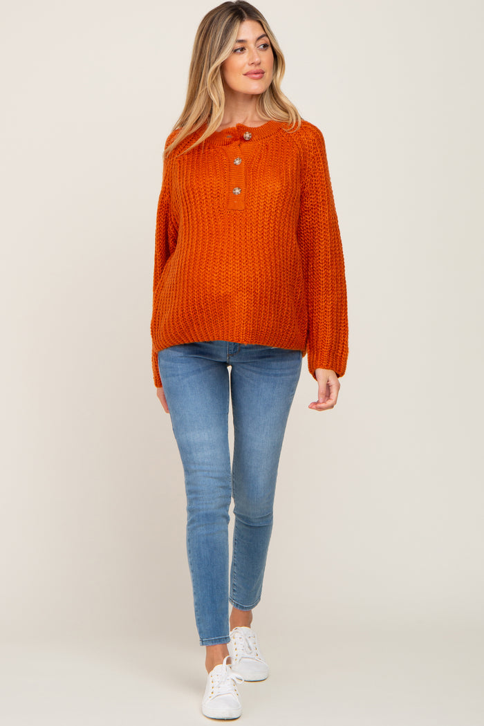 Rust Open Knit Button Front Maternity Sweater