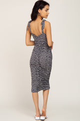 Black Printed Ribbed Shoulder Tie Ruched Dress