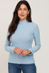 Light Blue Brushed Ribbed Mock Neck Maternity Top