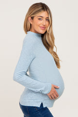 Light Blue Brushed Ribbed Mock Neck Maternity Top