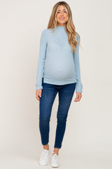 Light Blue Brushed Ribbed Mock Neck Maternity Top