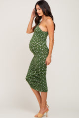 Olive Floral Ruched One Shoulder Maternity Dress