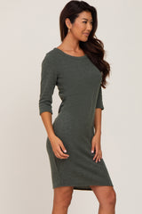 Olive Ribbed 3/4 Sleeve Dress