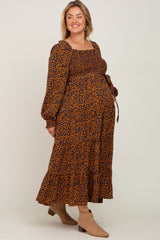 Navy Animal Print Tiered Long Sleeve Maternity Plus Size Maxi Dress