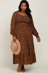 Navy Animal Print Tiered Long Sleeve Maternity Plus Size Maxi Dress