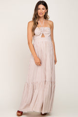 Ivory Striped Halter Cutout Maternity Maxi Dress