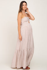 Ivory Striped Halter Cutout Maternity Maxi Dress