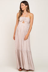 Ivory Striped Halter Cutout Maternity Maxi Dress