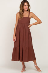 Brown Back Tie Sleeveless Mid Dress