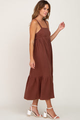 Brown Back Tie Sleeveless Mid Dress