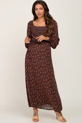 Brown Floral Smocked Square Neck Long Sleeve Maternity Midi Dress