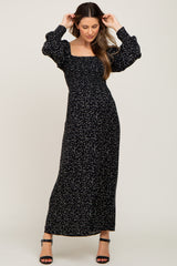 Black Ditsy Floral Smocked Square Neck Long Sleeve Maternity Midi Dress