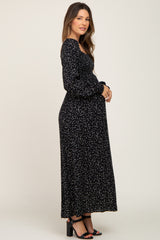 Black Ditsy Floral Smocked Square Neck Long Sleeve Maternity Midi Dress