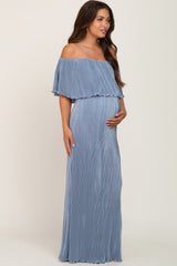 Periwinkle Pleated Ruffle Off Shoulder Maternity Maxi Dress