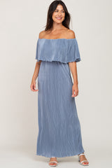 Periwinkle Pleated Ruffle Off Shoulder Maternity Maxi Dress