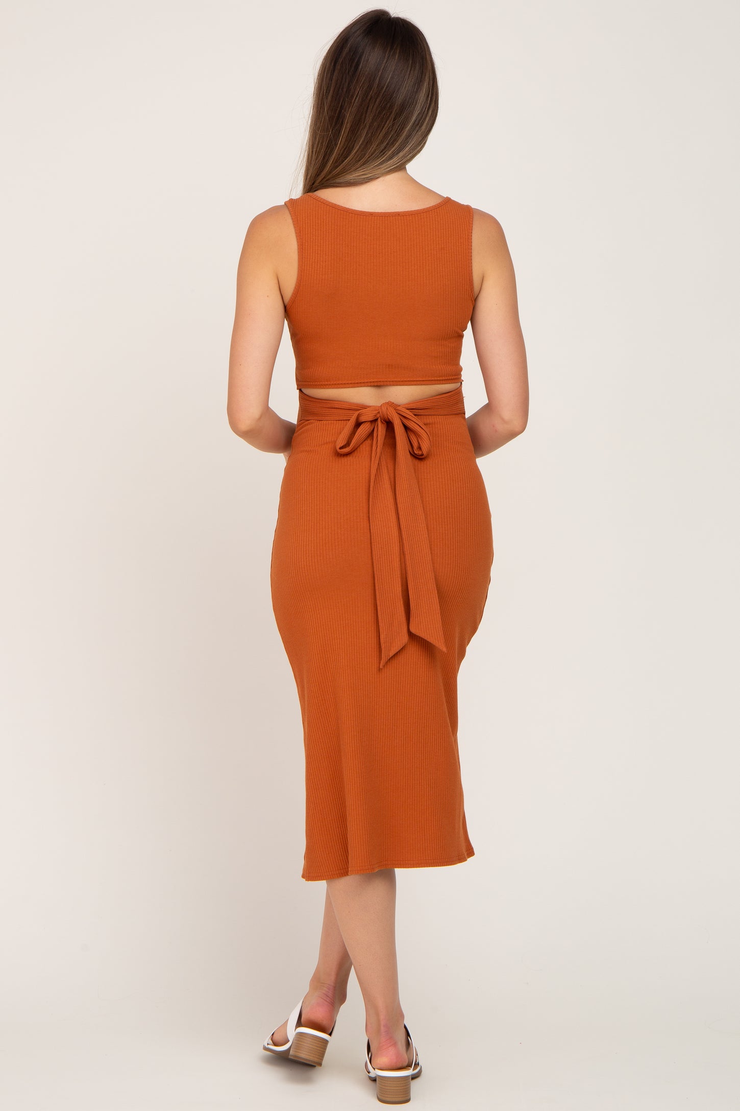 Camel Ribbed Back Cutout Maternity Midi Dress