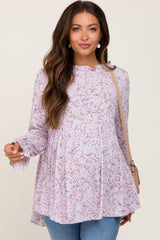 Lavender Floral Ruffle Mock Neck Babydoll Maternity Blouse