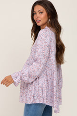 Lavender Floral Ruffle Mock Neck Babydoll Maternity Blouse