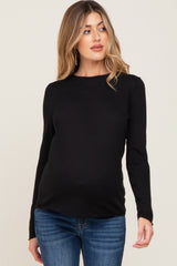 Black Basic Raw Hem Maternity Long Sleeve Top