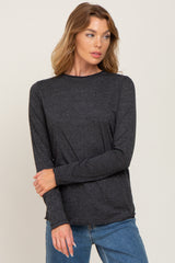 Charcoal Basic Raw Hem Long Sleeve Top