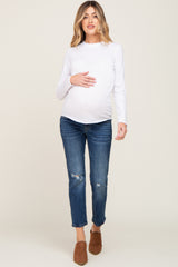 White Basic Raw Hem Maternity Long Sleeve Top