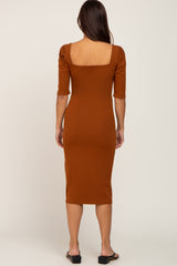 Rust Ribbed Fitted Maternity Midi Dress