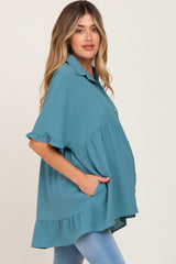 Teal Oversized Button Front Ruffle Short Sleeve Hi-Low Maternity Top