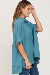 Teal Oversized Button Front Ruffle Short Sleeve Hi-Low Top