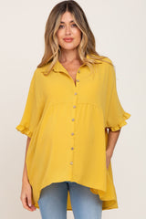 Yellow Oversized Button Front Ruffle Short Sleeve Hi-Low Maternity Top