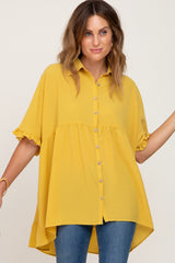 Yellow Oversized Button Front Ruffle Short Sleeve Hi-Low Top