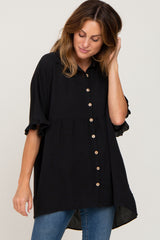 Black Oversized Button Front Ruffle Short Sleeve Hi-Low Top