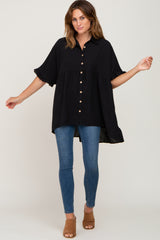 Black Oversized Button Front Ruffle Short Sleeve Hi-Low Top