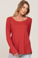 Rust Ribbed Basic Long Sleeve Top