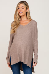 Mocha Ribbed Oversized Hi-Low Maternity Long Sleeve Top