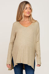 Light Olive Ribbed Oversized Hi-Low Maternity Long Sleeve Top