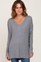 Heather Grey Ribbed Oversized Hi-Low Long Sleeve Top